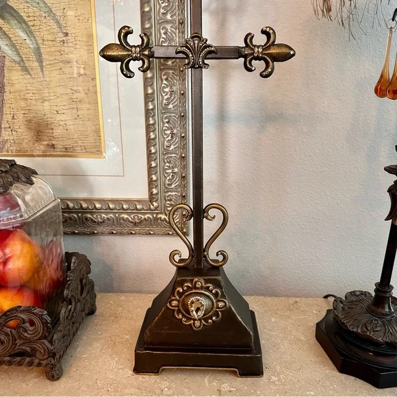 Bronze Fleur de Lis Candle Holder with Intricate Scrollwork